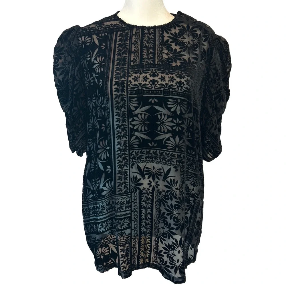 Johnny Was Amatan Ruched Velvet Blouse Black Silk Blend Burnout Sheer XS